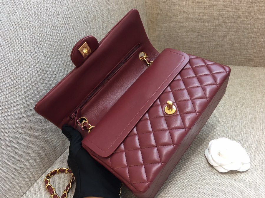 Medium Classic Flap Lambskin Bag AO1112 Dark Red/Gold